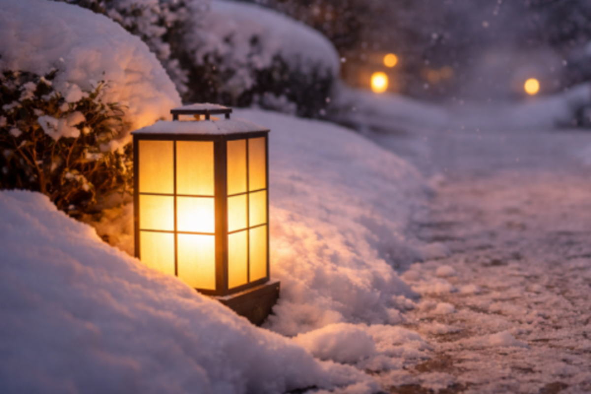 雪の夜にやわらかな灯りがともる冬の風景