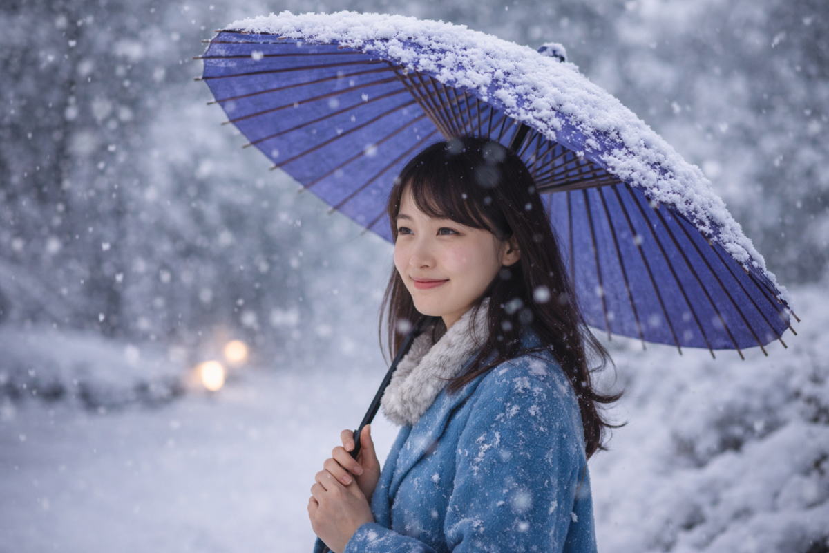 雪の中で和傘を差す静かな冬の情景
