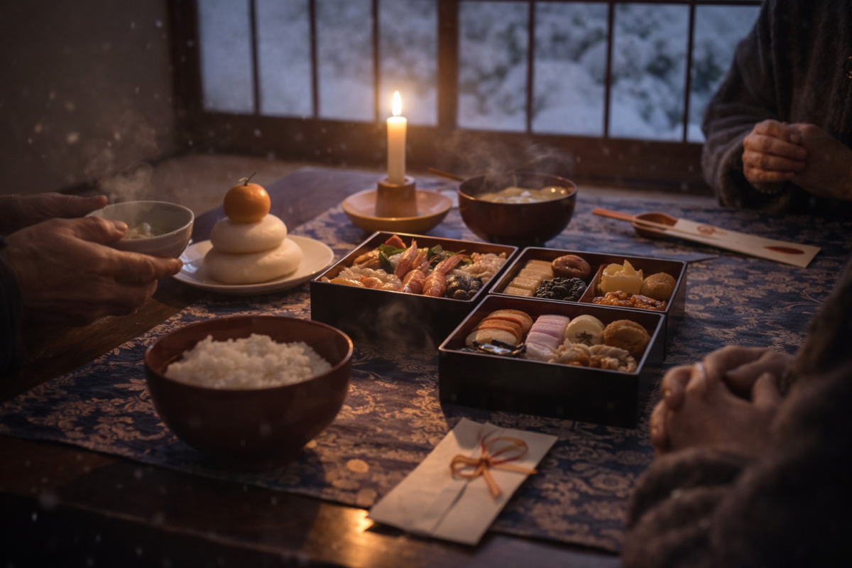 冬の夜に囲む静かなお正月の食卓
